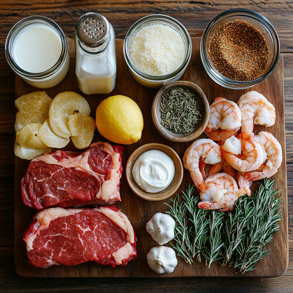 Steak in Creamy Cajun Shrimp Sauce 2 High-quality image of Cajun surf and turf ingredients including raw ribeye steaks, large peeled shrimp, Cajun seasoning, garlic, and heavy cream on a rustic kitchen table