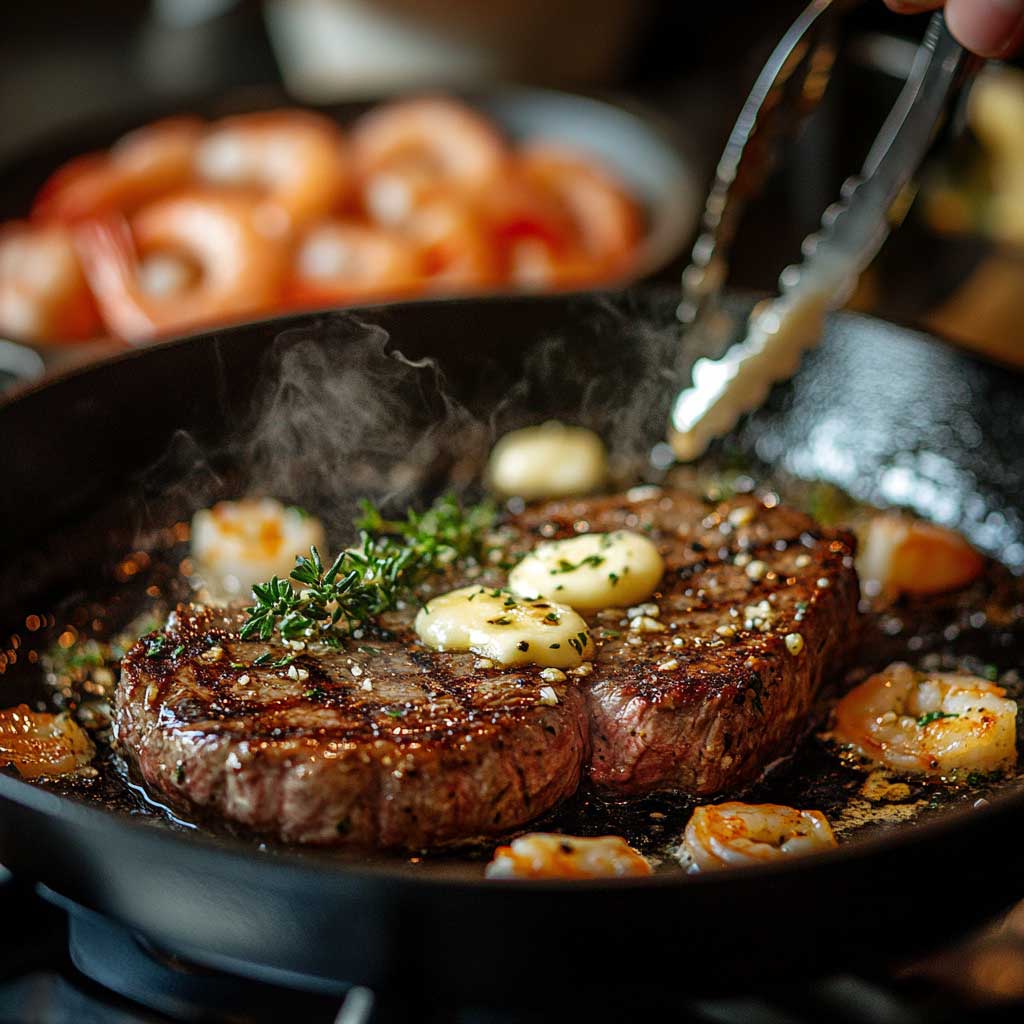 Steak in Creamy Cajun Shrimp Sauce 3 Real kitchen scene showing ribeye steak searing in cast iron skillet with butter, garlic, and thyme for a Cajun shrimp cream sauce surf and turf dish