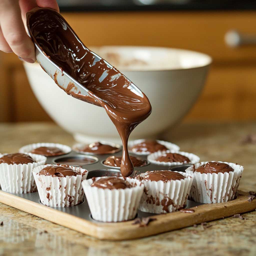Mini Chocolate Cheesecake Bites 3 Home baker pouring chocolate cheesecake batter into a lined mini muffin tin during dessert preparation