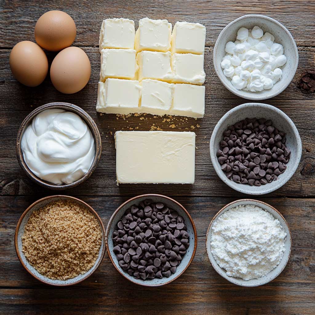 Mini Chocolate Cheesecake Bites 2 Flat lay of chocolate cheesecake ingredients including cream cheese, chocolate chips, graham cracker crumbs, and butter on a wooden kitchen table